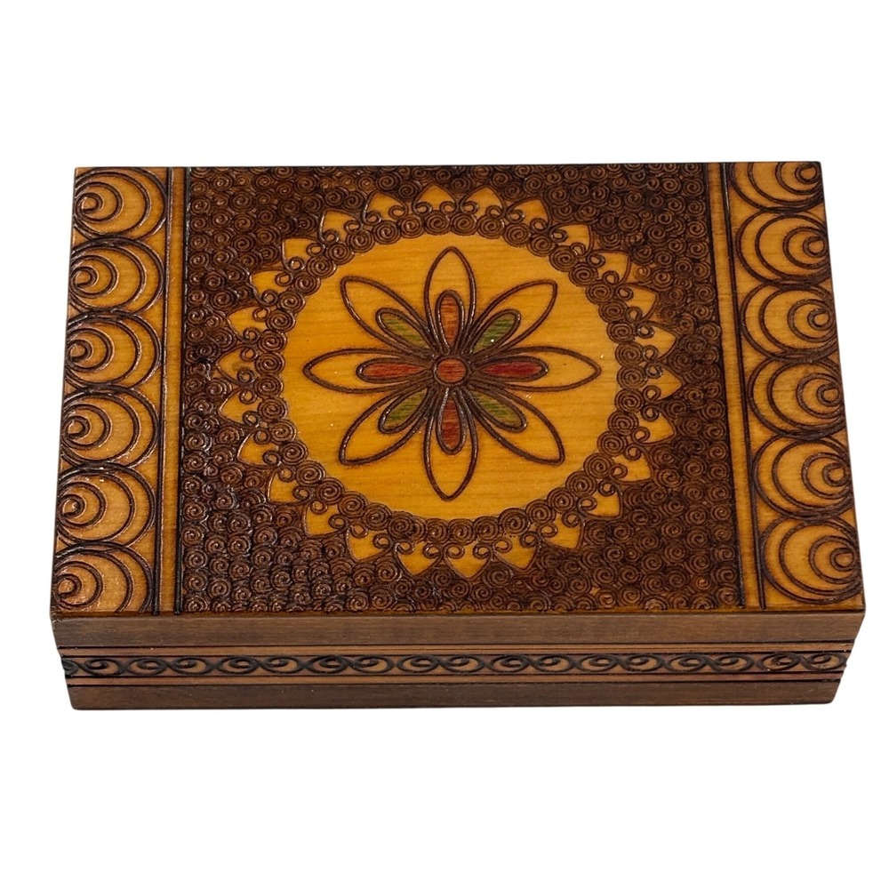 Vintage Wooden Trinket Box Carved Floral Design Hinged Lid Jewelry Keepsake